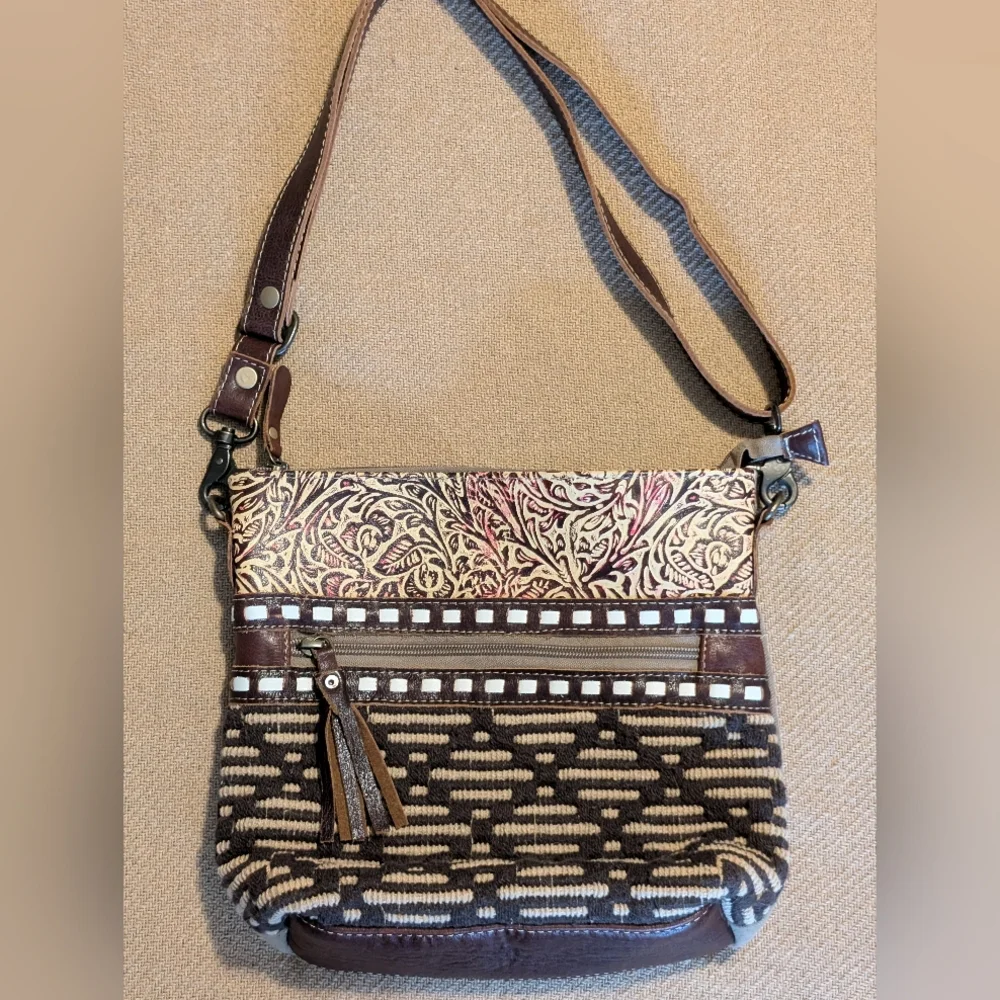 Myra Bag Boho Cotton Carve Leather Crossbody Purse Bag